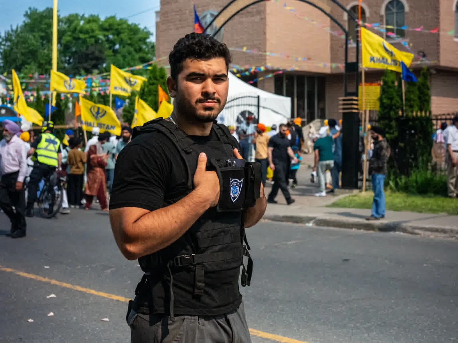Security agent standing guard during professional assignment